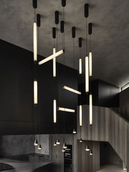 Modern Sculptural Staggered Multi‑Orientation Tubular Atrium Pendant Light