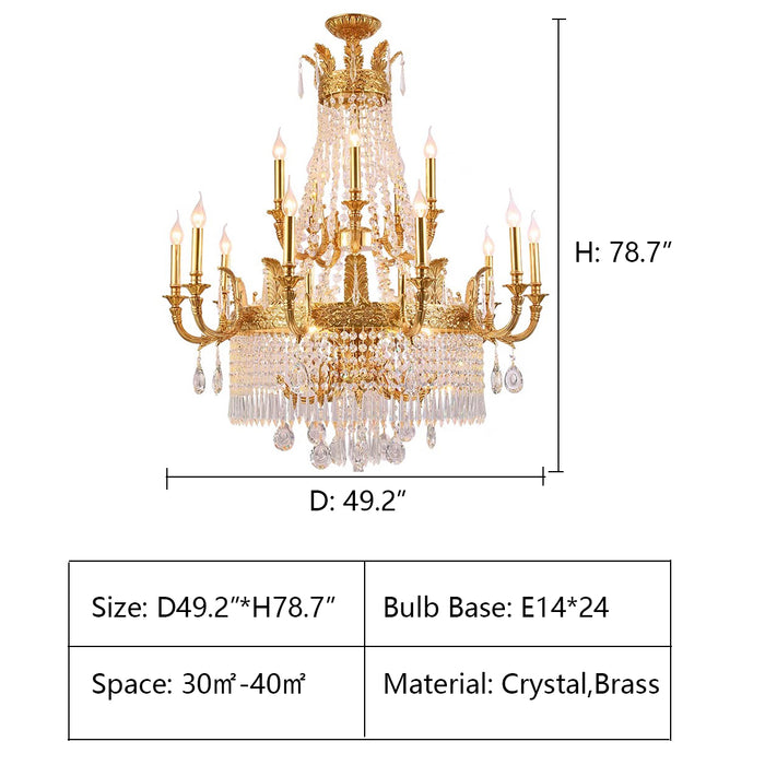 3 layers: D49.2*H78.7" Large Oversized Luxury Golden Metal Brass  Candle Crystal Tassel Chandelier  For High-ceiling Staircase/Entryway/Hallway/Living/Meeting Room