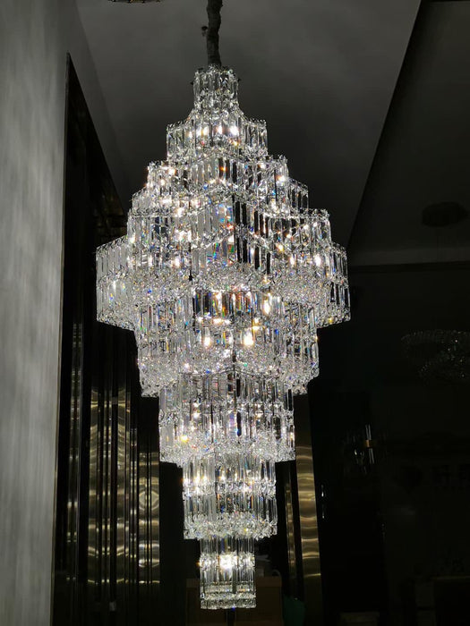 Extra Large Plaza Hall  Multi-Tier Crystal Chandelier Foyer Living Room Staircase Ceiling Lighting Fixture  In Chrome/ Silver Finish