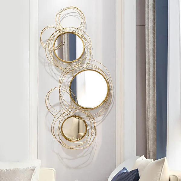Espejo de pared de metal dorado redondo creativo de lujo ligero con 6 anillos