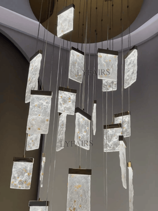 Modern Cascading Rectangular Panel Synthetic Crystal Glass Staircase Chandelier