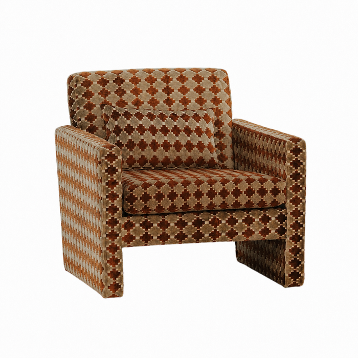 Retro Geometric Clover Amber Hush Cut‑Velvet Accent Armchair