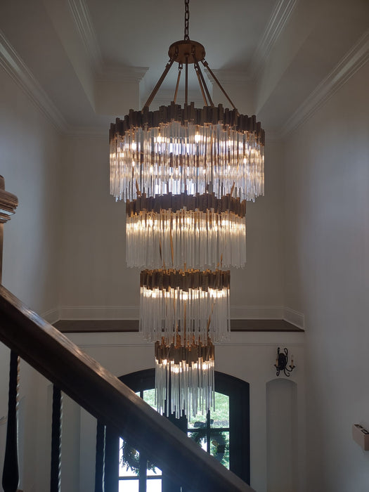 Grande ed elegante lampadario in vetro glamour multistrato per scale dal soffitto alto/ingresso/soggiorno/sala riunioni