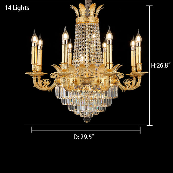 Lámpara de araña de varios niveles de cristal Empire Candle de lujo con acabado dorado para vestíbulo/sala de estar/escalera/villa