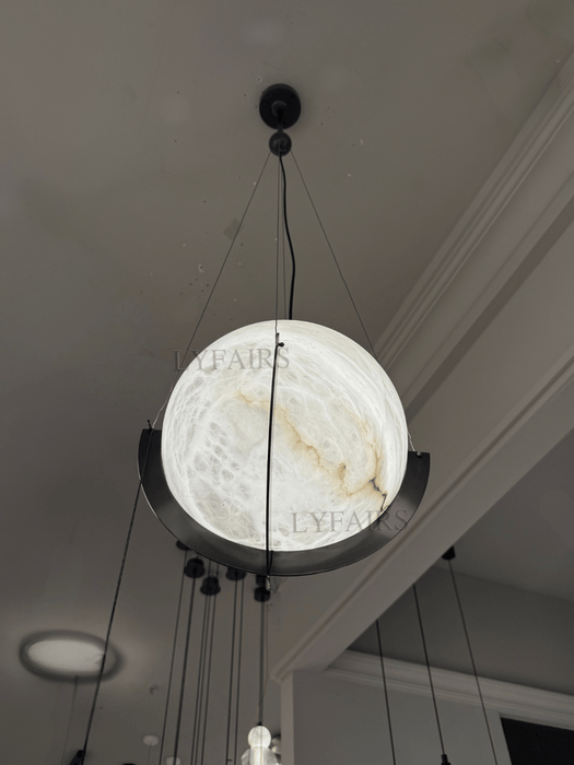 Modern Organic Lunar Globe Alabaster Pendant Light with Curved Black Yoke Frame
