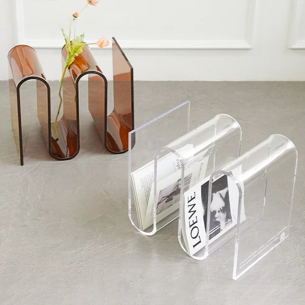 Acrylic End Table Tea Brown with Storage Wavy Shape Side Table