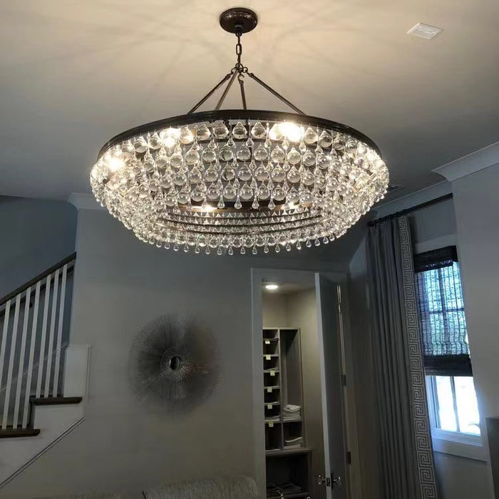 Black Finish Iron Semi Flush Mount Light Fixture Round Crystal Drops Ceiling Chandelier For Living Room