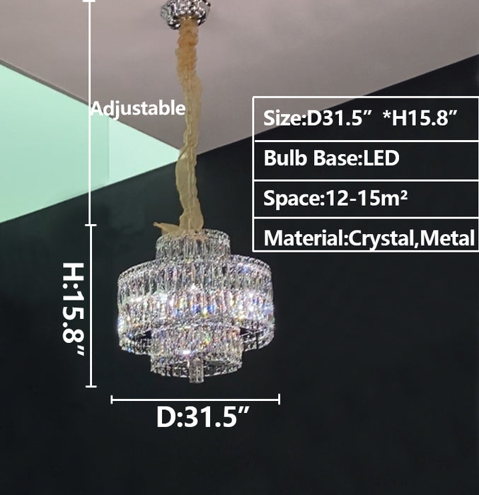 3layers:d31.5"*h15.8" Delicate Light Luxury Multi-layers Silver Round Crystal Chandelier For Living/Dining Room/Bedroom/Cloakroom
