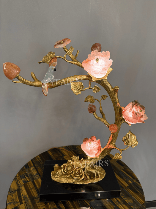 Luxury Sculptural Rose & Bird Natural Crystal Brass Branch Table Lamp