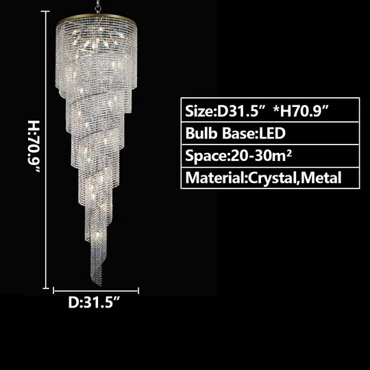 Lampadario di cristallo lungo a livelli extra large a spirale Lampadario di cristallo di lusso con nappa per scala/ingresso