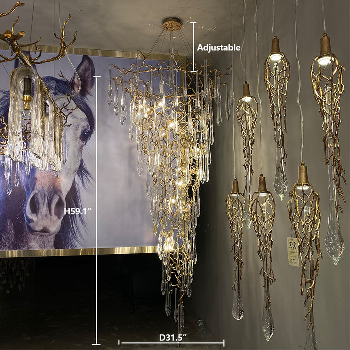 Modern Oversized Luxury Copper Crystal Long Crystal Branch Air Bubble Drop Staircase Light fixture