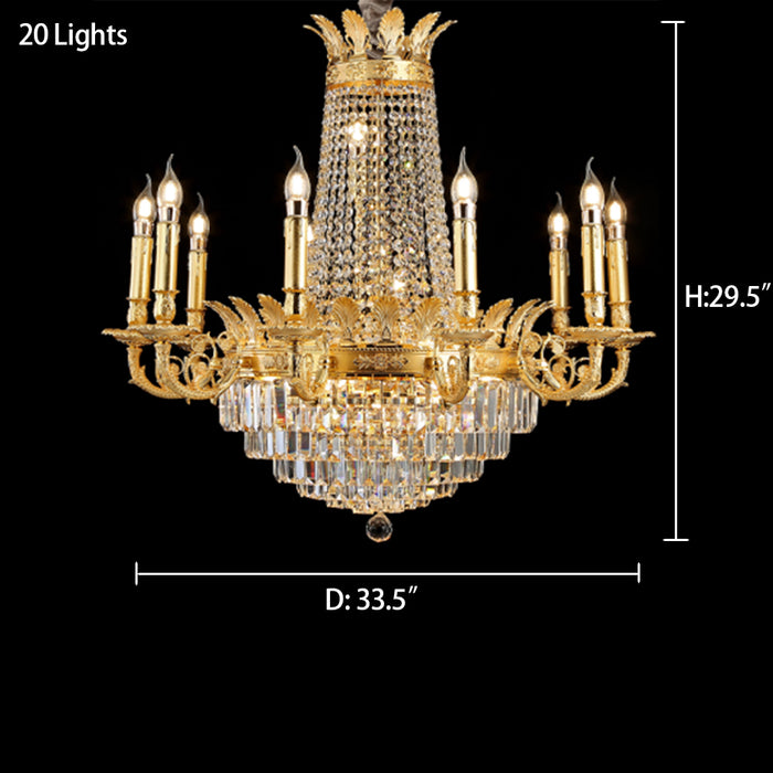 Lampadario di lusso a più livelli in cristallo a candela impero con finitura dorata per foyer/soggiorno/scala/villa