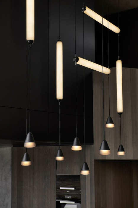 Modern Sculptural Staggered Multi‑Orientation Tubular Atrium Pendant Light