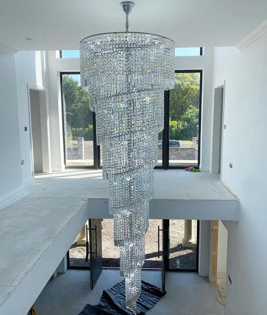 Extra Large Spiral Tiered Long Crystal Chandelier Luxury Crystal Tassel Light Fixture For Staircase/Entryway