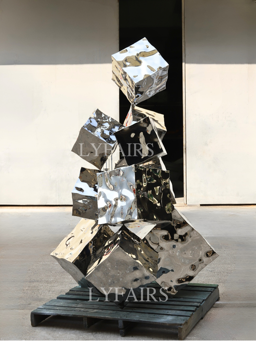 Mirrored Stacked Stainless Steel Cube Art Sculpture