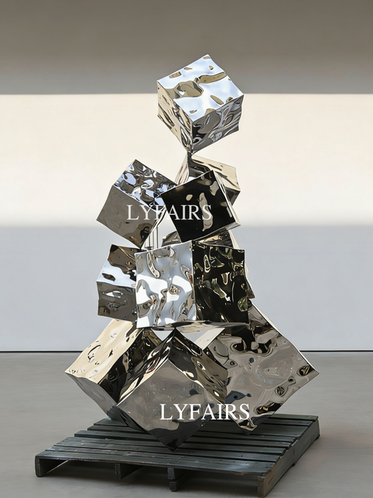 Mirrored Stacked Stainless Steel Cube Art Sculpture