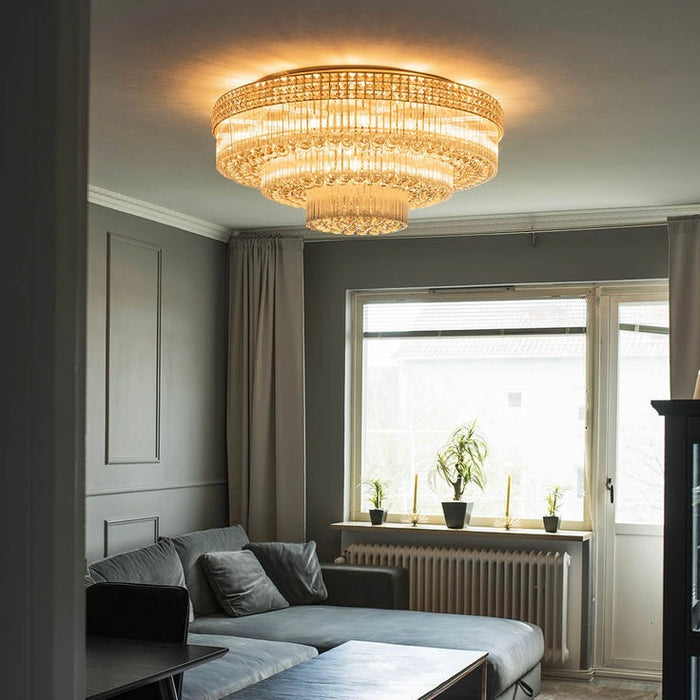 Extra Large Three Layers Round Luxury Flush Mounted Crystal Chandelier for Living Room