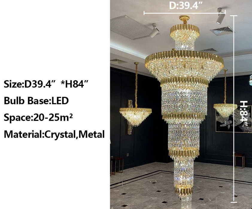Araña de cristal de diseño escalonado dorado de lujo de gran tamaño para pasillo/vestíbulo/entrada grande