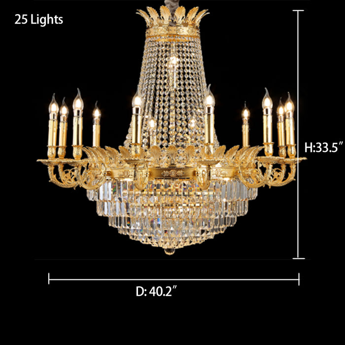 Lámpara de araña de varios niveles de cristal Empire Candle de lujo con acabado dorado para vestíbulo/sala de estar/escalera/villa
