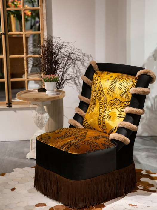 Retro Maximalist Tiger Mountain Motif Fringe Upholstered Accent Chair