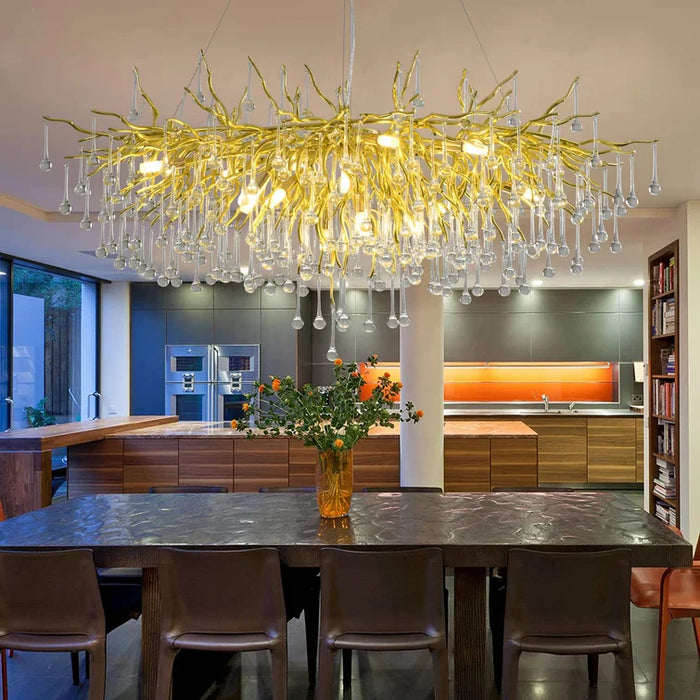 Impresionante lámpara de araña de cristal con rama de árbol, lámpara de techo/luz de cristal transparente en forma de lágrima para sala de estar/comedor