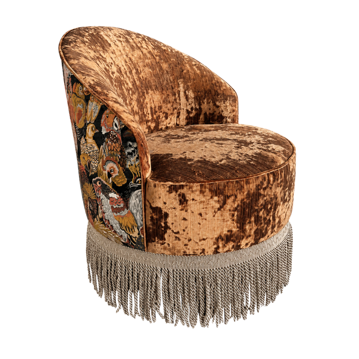 Vintage Aviary Motif Cut‑Velvet Swivel Barrel Tassel Fringe Accent Chair