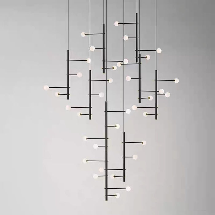Modern Sculptural Linear Branch Opal Glass Sphere Staircase Chandelier