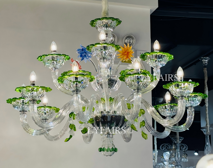 Luxury Classic Green Trim Sculpted Floral Candle Crystal Chandelier