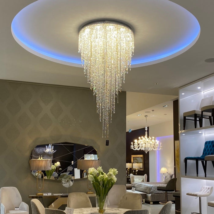 Lámpara de araña de borlas de cristal de montaje empotrado de lujo y luz moderna para escalera/sala de estar