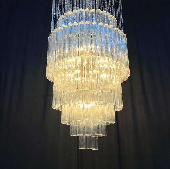 Luxury Floating Cascade Clear Glass Tube Chandelier for High Ceilings