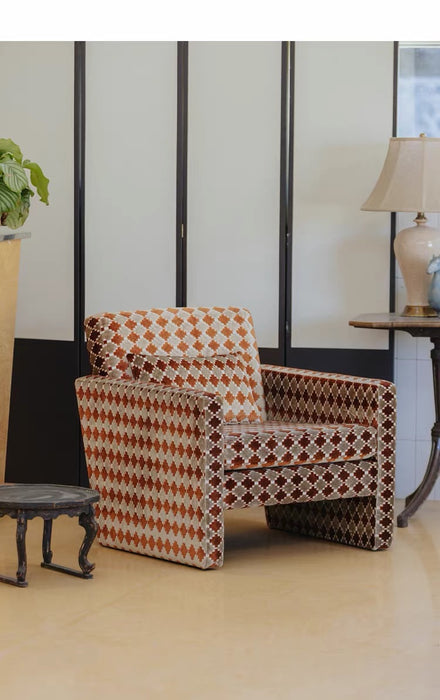 Retro Geometric Clover Amber Hush Cut‑Velvet Accent Armchair