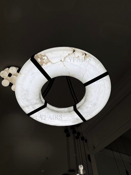 Modern Organic Flat Circular Alabaster Ring Chandelier