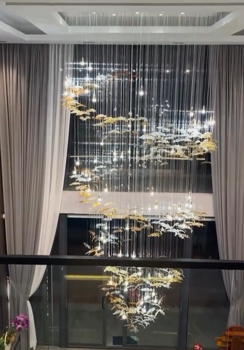 Modern Ascending Spiral Floating Glass Feather Chandelier with Bulbs