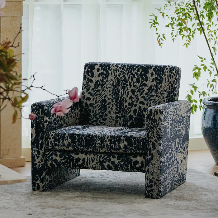 Mid‑Century Midnight Blue Leopard Block Accent Chair