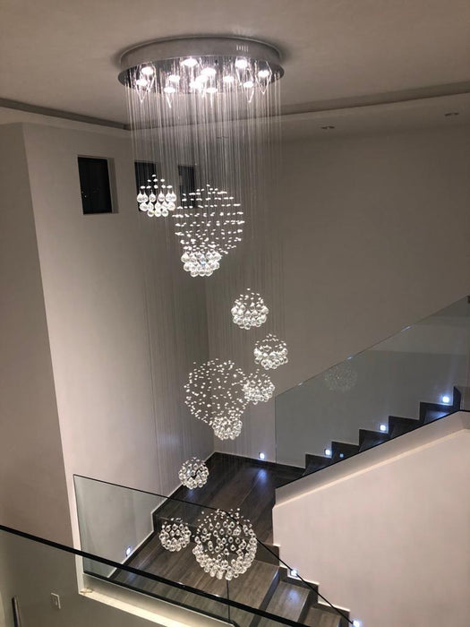 Lampadario a sospensione a soffitto a forma di globo a goccia di pioggia a spirale con lampadario di cristallo duplex maestoso per ingresso/scala