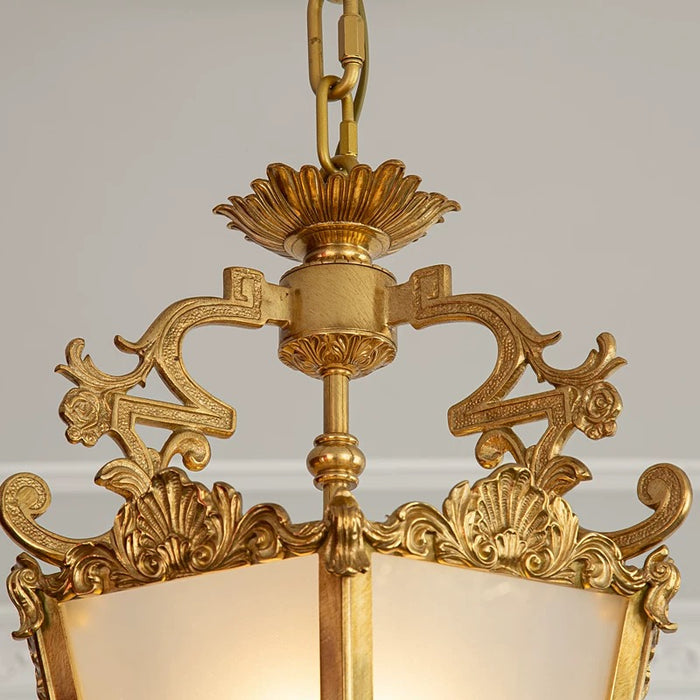 Vintage French Rococo Style Brass Glass Lantern Pendant Chandelier