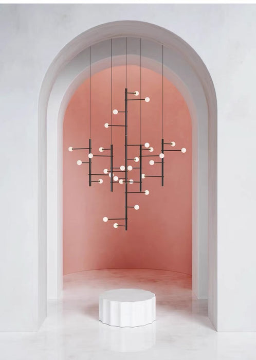 Modern Sculptural Linear Branch Opal Glass Sphere Staircase Chandelier
