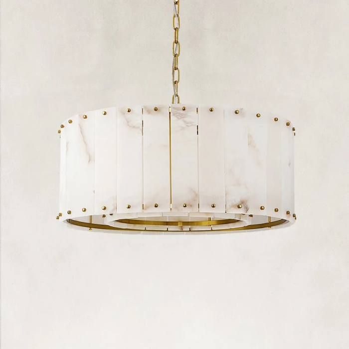 Modern Organic Slatted Drum Alabaster Chandelier