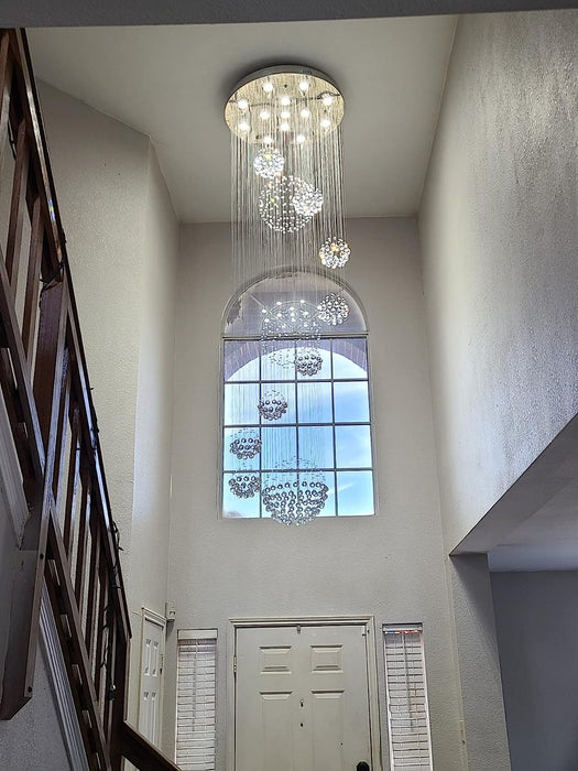 Lámpara de araña de cristal dúplex majestuosa, lámpara colgante de techo con forma de globo en forma de gota de agua en espiral para entrada/escalera