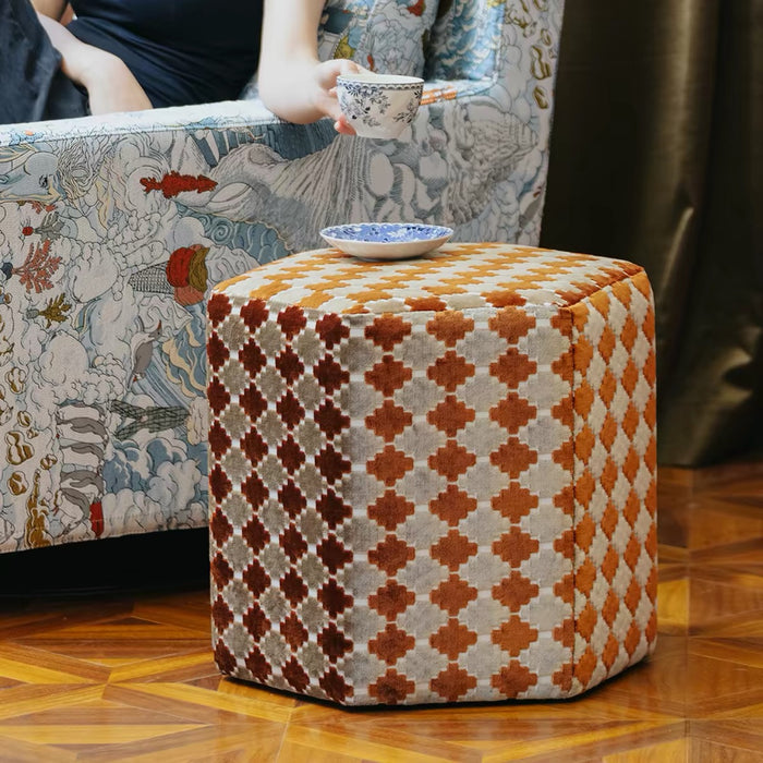 Retro Geometric Clover Amber Hush Cut‑Velvet Accent Armchair