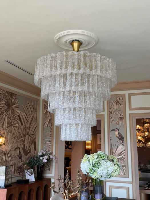 Modern Layered Falling Ribbed Textured Glass Chandelier