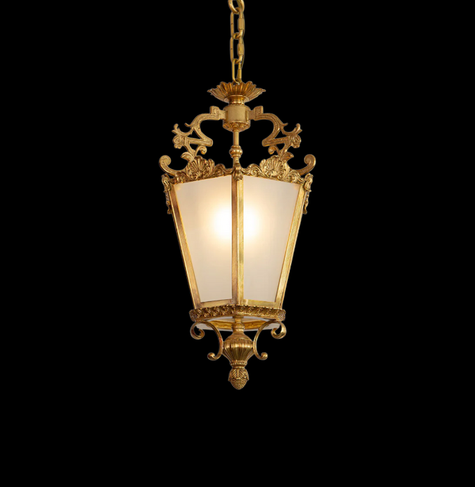 Vintage French Rococo Style Brass Glass Lantern Pendant Chandelier