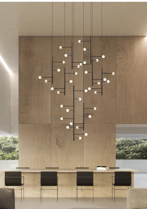 Modern Sculptural Linear Branch Opal Glass Sphere Staircase Chandelier