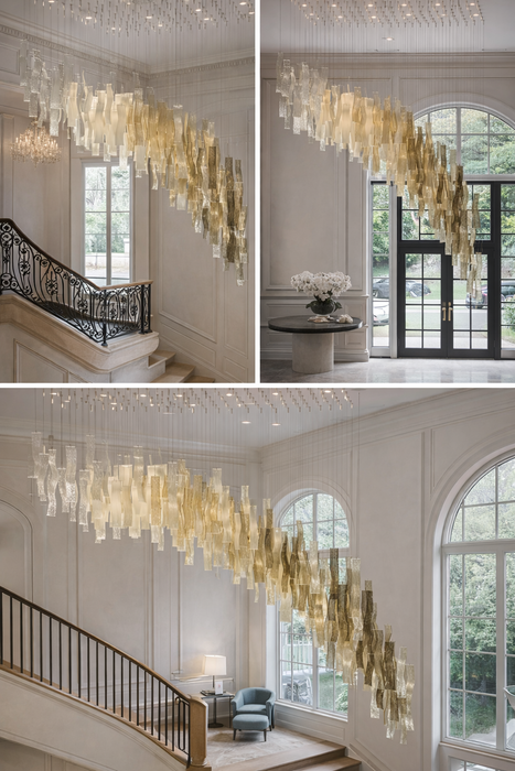 Modern Luxury Floating Wave Glass Panel Chandelier for Living Room/Staircase/High Ceilings
