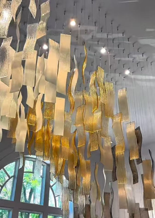Modern Luxury Floating Wave Glass Panel Chandelier for Living Room/Staircase/High Ceilings