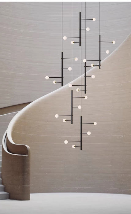 Modern Sculptural Linear Branch Opal Glass Sphere Staircase Chandelier