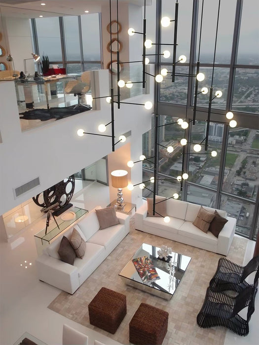 Modern Sculptural Linear Branch Opal Glass Sphere Staircase Chandelier