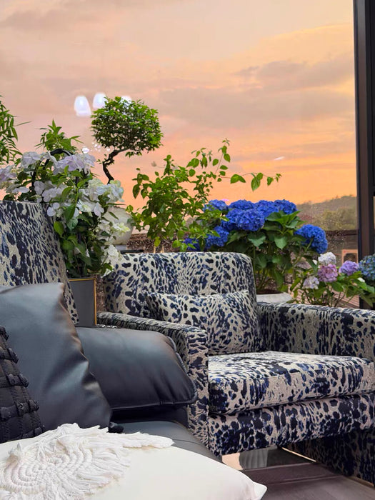 Mid‑Century Midnight Blue Leopard Block Accent Chair