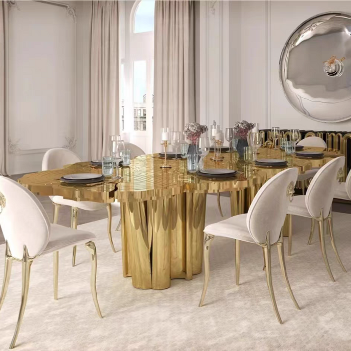 Mesa de comedor de lujo de acero inoxidable estilo italiano con acabado en color dorado/plateado/cobre