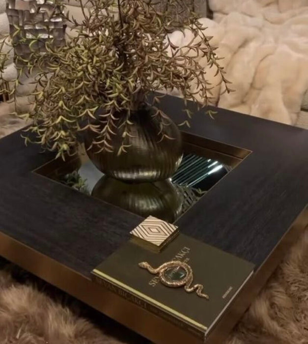 Metallic Matte Wood Bar Coffee Table with Mirror in Black and Gold